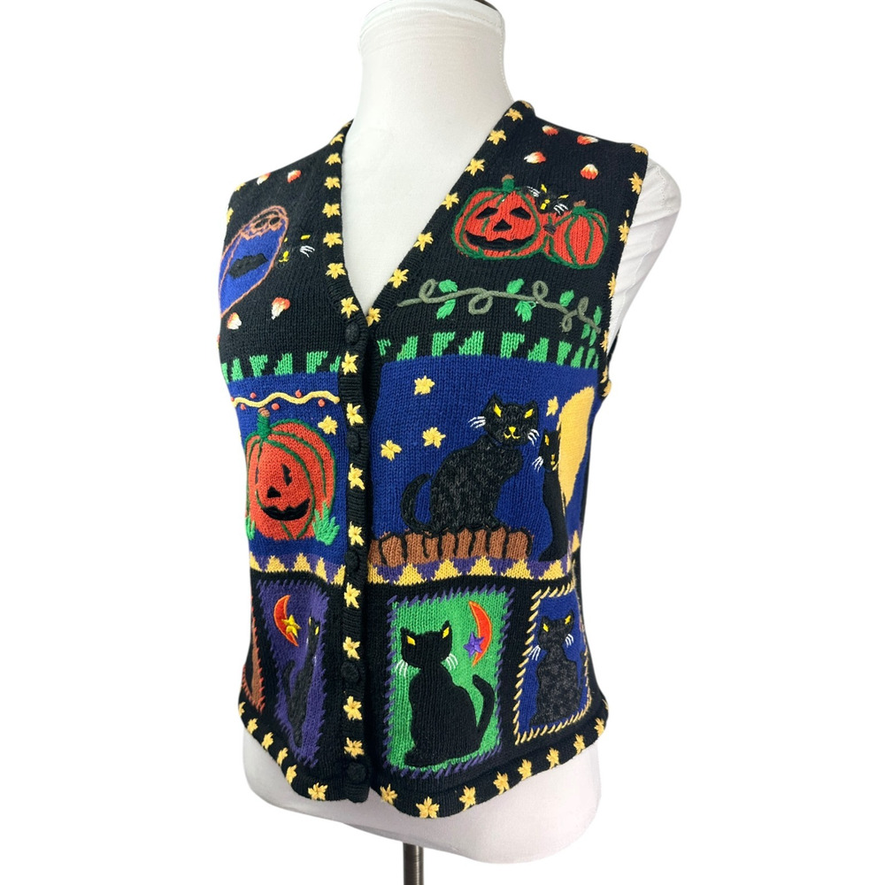 Hampshire Studio BOO! Halloween Sweater Vest Embroidered Pumpkin Black Cat M - Picture 4 of 15